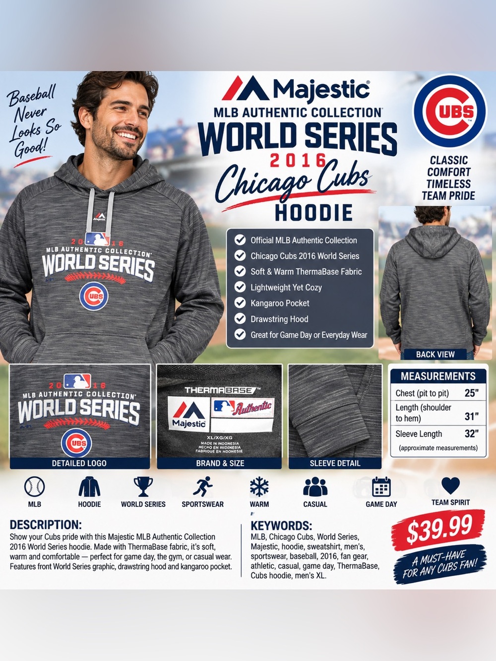 Majestic Gray Chicago Cubs World Series Pullover Hoodie